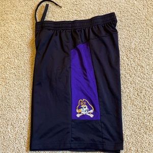 NCAA- ECU PIRATES - Adidas athletics shorts. Size men’s MEDIUM. BLACK w/purple.